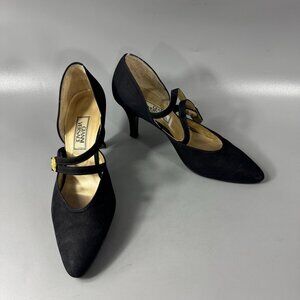 VALENTINO GARAVANI Miss V  Black Suede Mary Jane Pump Heels, Size 35.5